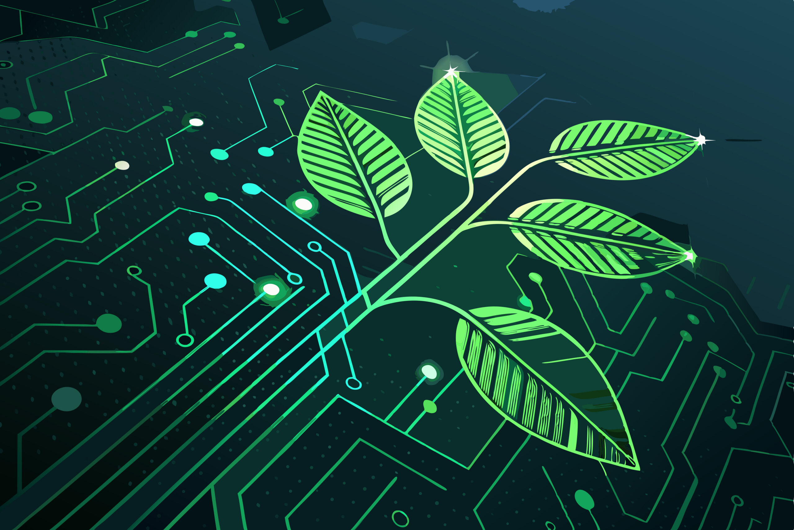 Design a bold, abstract illustration depicting a leaf-shaped circuit board, vibrant green, symbolizing sustainable green energy. Focus on clean lines and a futuristic aesthetic.